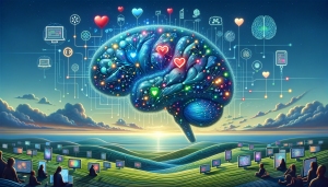 Digital brain intertwined with emotional symbols and user interface elements, representing the role of emotions in UX design.